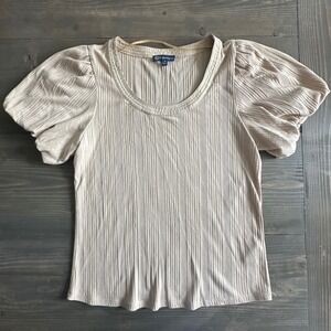 Democracy Tan Boat Neck Puff‎ Sleeve Top Womens Size S